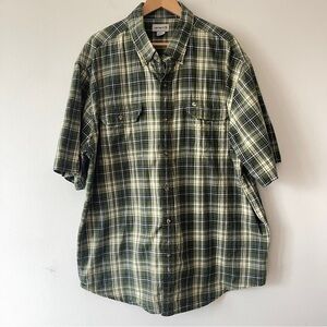 Carhartt Men's Plaid Shirt xxl casual green tan short sleeve button down pockets